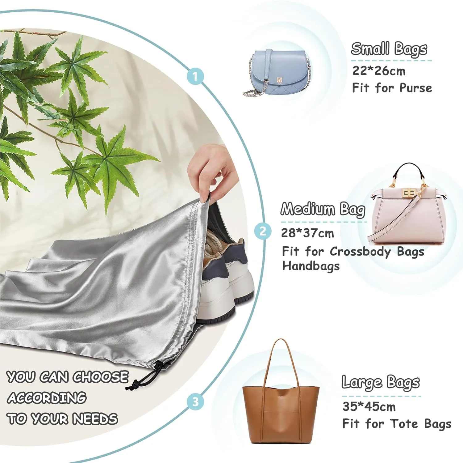 Rudong M 8 Pack Satin Dust Bags: Silky Dust Cover with Drawstring, Light Gray Purse Bags for Storage, Travel Pouch Clothes Shoes