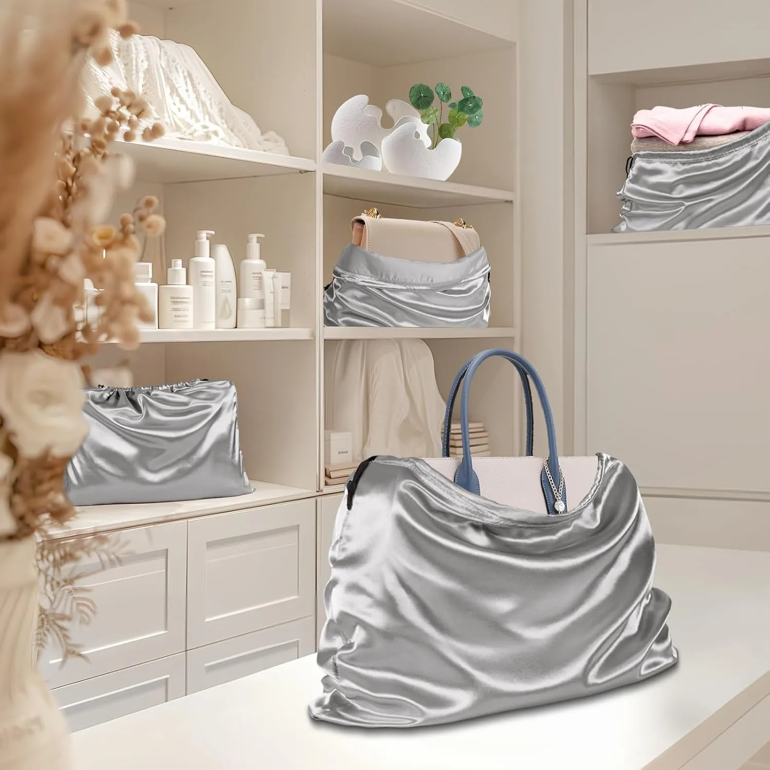 Rudong M 8 Pack Satin Dust Bags: Silky Dust Cover with Drawstring, Light Gray Purse Bags for Storage, Travel Pouch Clothes Shoes