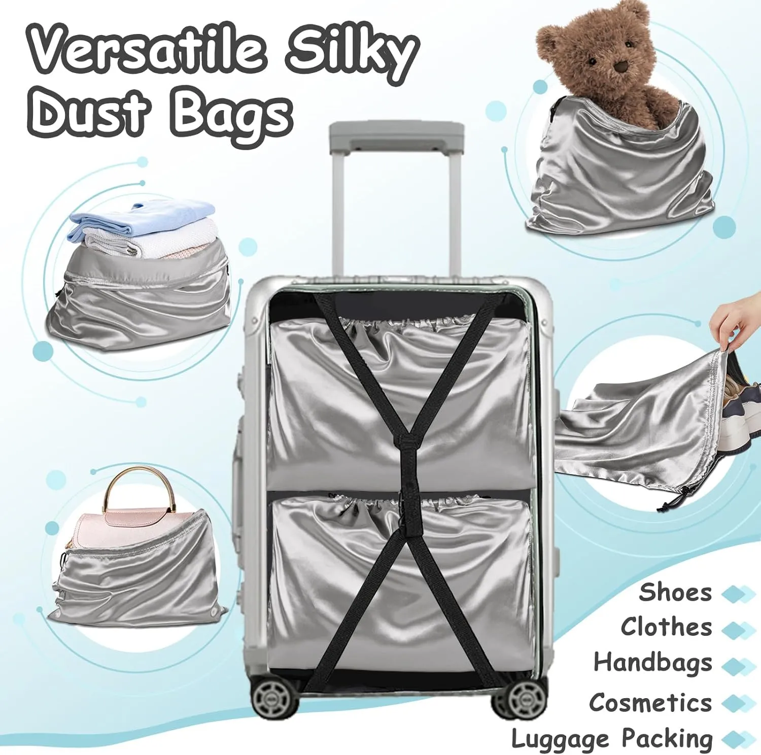 Rudong M 8 Pack Satin Dust Bags: Silky Dust Cover with Drawstring, Light Gray Purse Bags for Storage, Travel Pouch Clothes Shoes