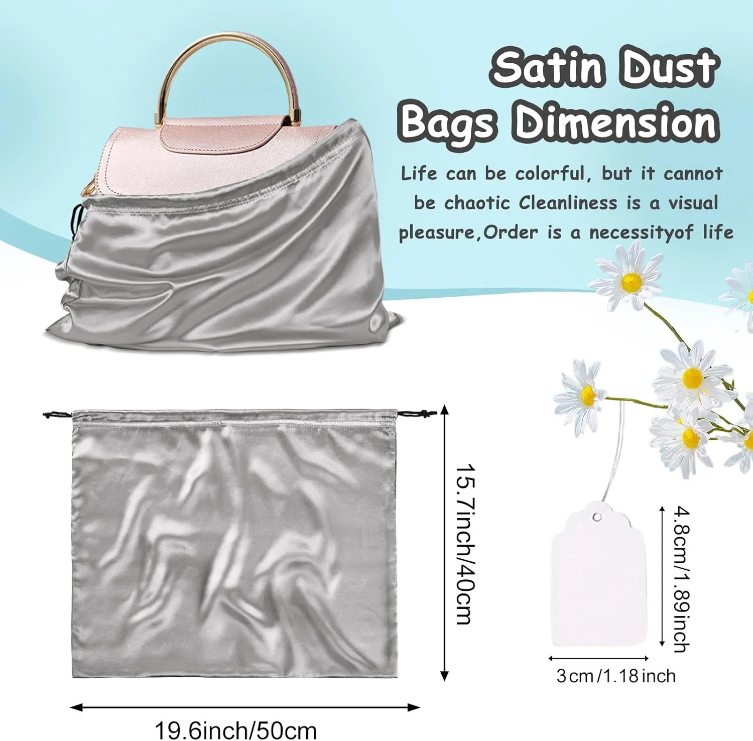 Rudong M 8 Pack Satin Dust Bags: Silky Dust Cover with Drawstring, Light Gray Purse Bags for Storage, Travel Pouch Clothes Shoes