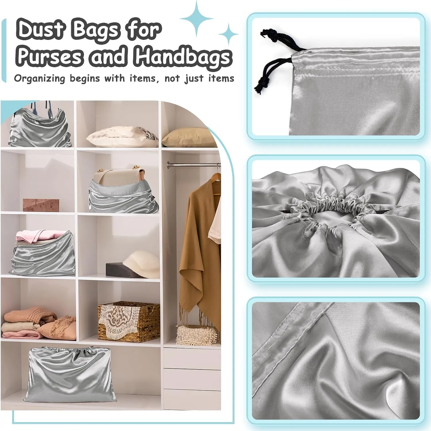 Rudong M 8 Pack Satin Dust Bags: Silky Dust Cover with Drawstring, Light Gray Purse Bags for Storage, Travel Pouch Clothes Shoes