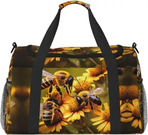 Rural Honey Bees flowers print Large Canvas Travel Duffel Bag Weekender Bags for Women Overnight Bag Carry On Tote Bag