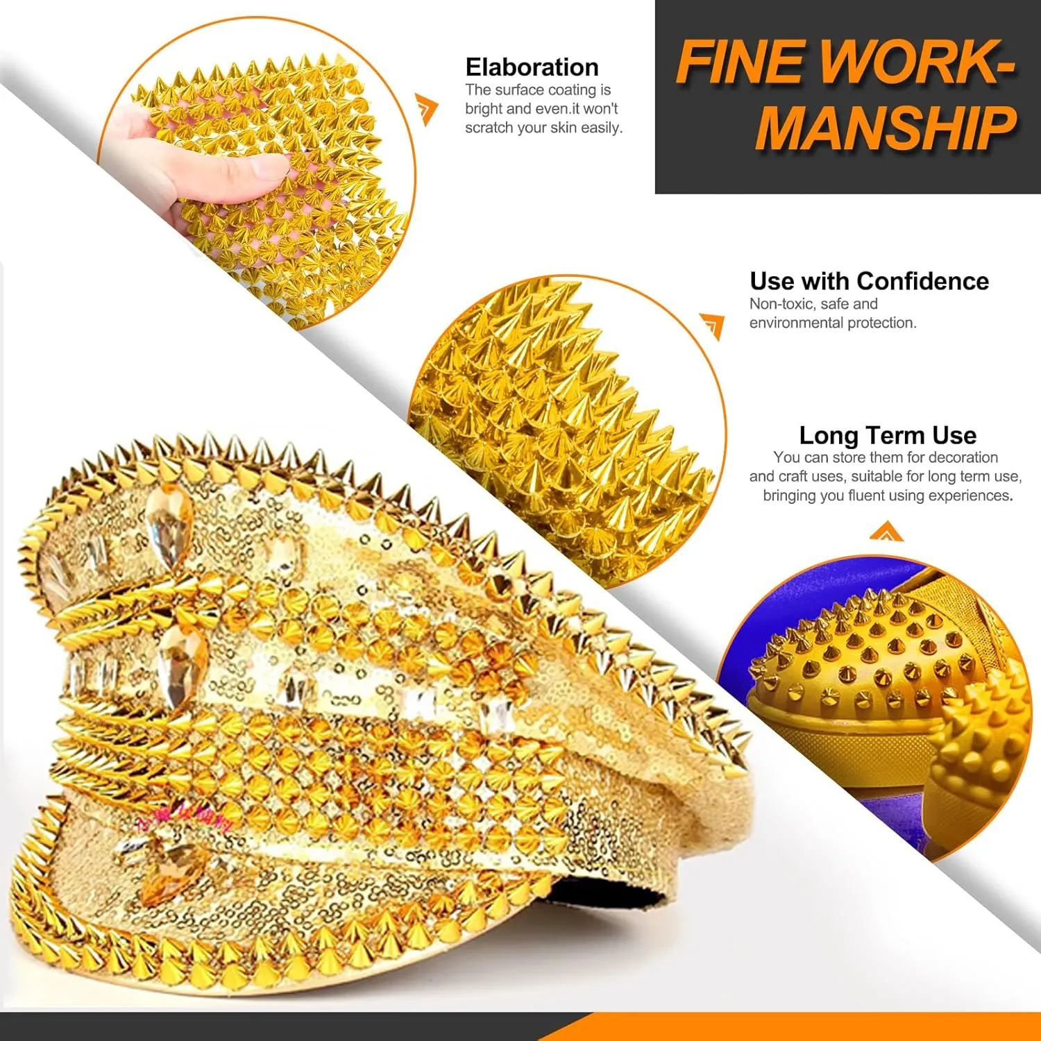 Rustark 2Pcs 2 Yards Sew Stitch On Spike Stud Set, Gold Spikes Mesh Rivets Flat Back Spike Studs Pointed Spike Studs Trim Bead Spikes for Punk Rock Clothing DIY Craft Decor