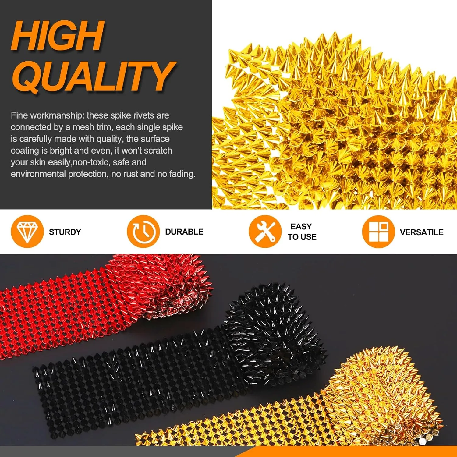 Rustark 2Pcs 2 Yards Sew Stitch On Spike Stud Set, Gold Spikes Mesh Rivets Flat Back Spike Studs Pointed Spike Studs Trim Bead Spikes for Punk Rock Clothing DIY Craft Decor