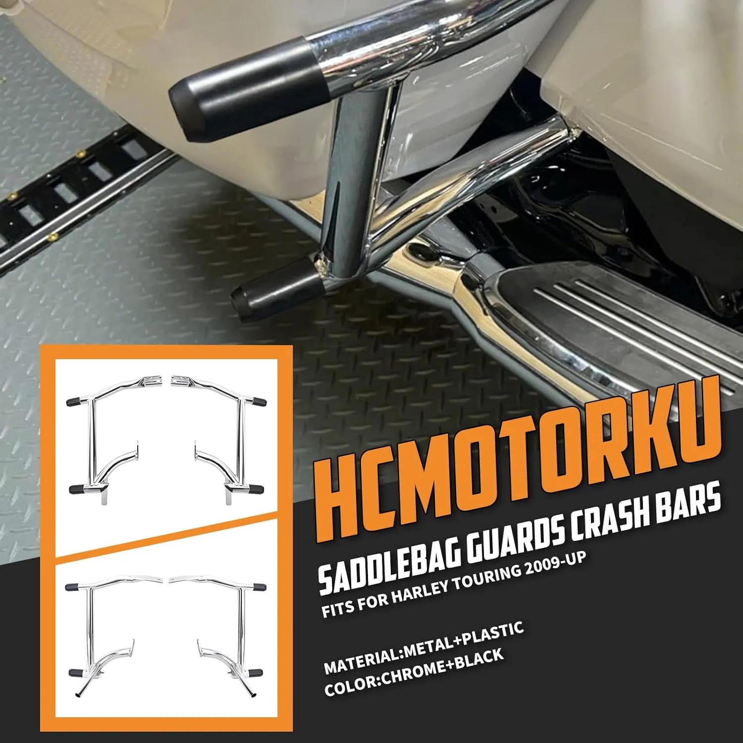 Saddle Bag Guards Crash Bars Chrome Fit for Harley Touring Street Glide FLHX Road Glide FLTRX Road King FLHR Electra Glide Ultra CVO 09-25 (Saddlebag Guards with Decorative Slider Black)