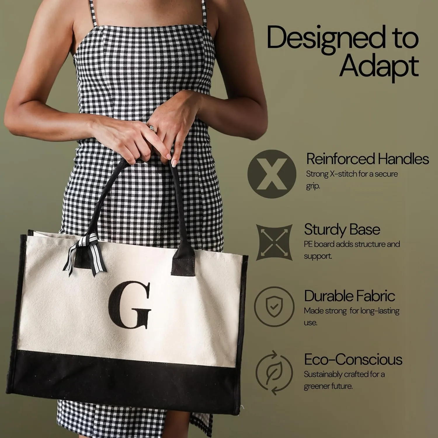 Salt Earth 100% Cotton Personalized Everyday Canvas Initial Tote Bag for Women, Monogrammed Large Utility Bag for Beach