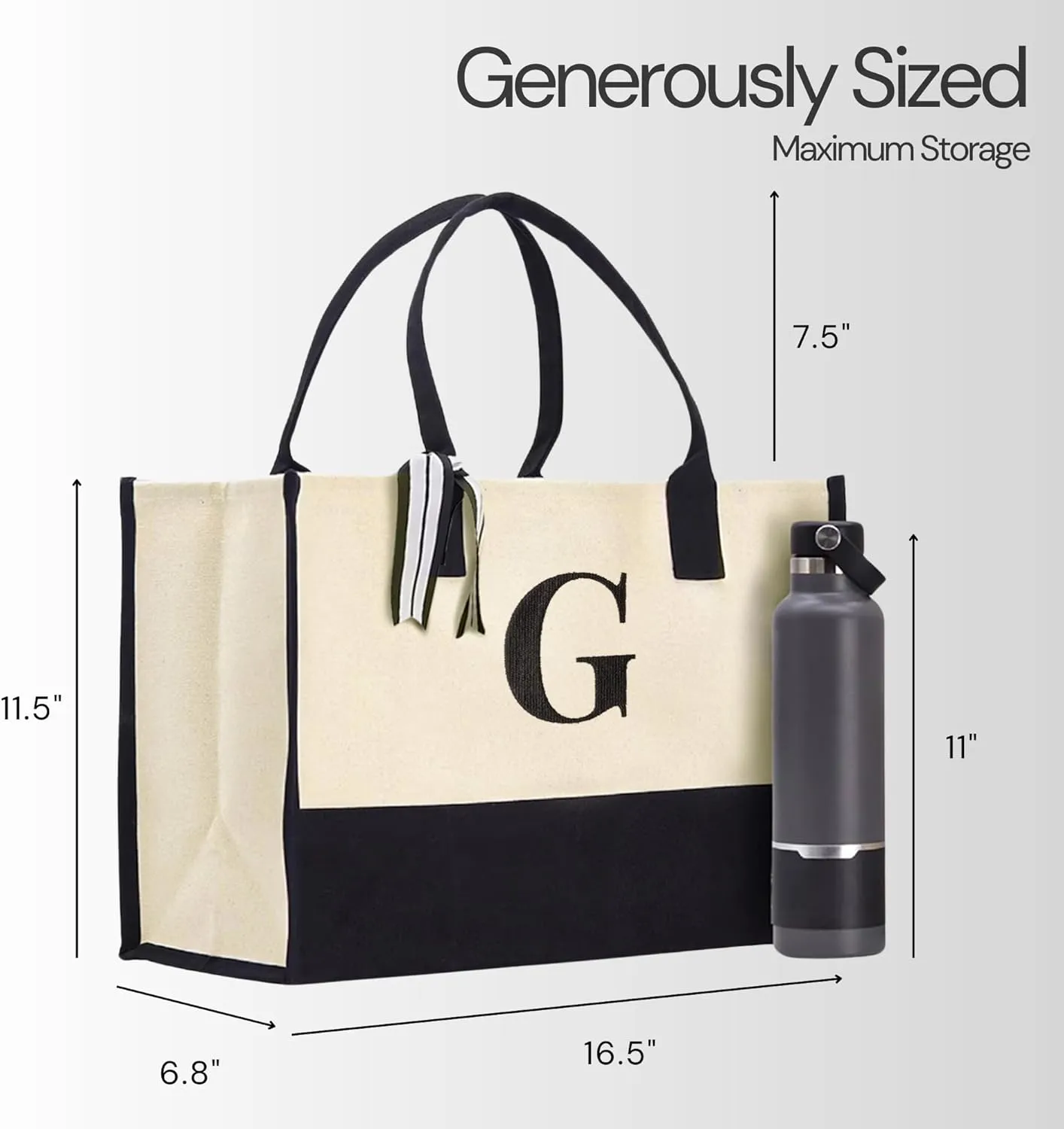 Salt Earth 100% Cotton Personalized Everyday Canvas Initial Tote Bag for Women, Monogrammed Large Utility Bag for Beach