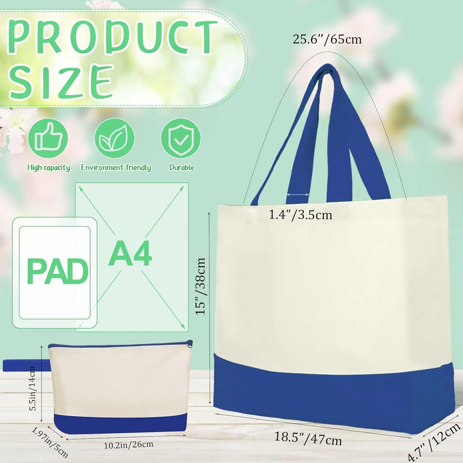 Sanwuta 30 Pcs Canvas Tote Bags Bulk with Zipper Cosmetic Bags 18.5" Reusable Cotton Canvas Shopping Bags with Handles