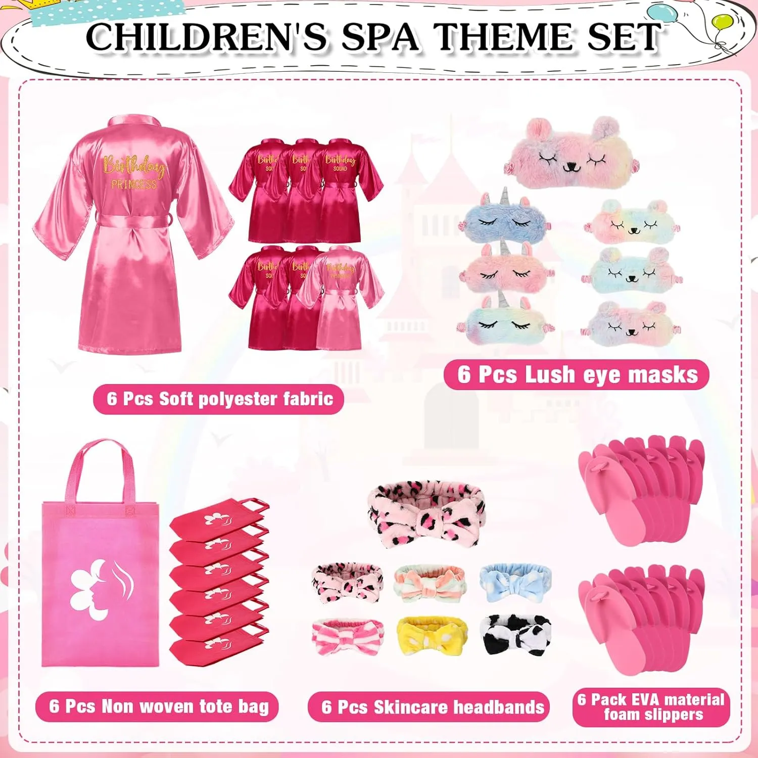 Shihanee 30 Pcs Spa Party Supplies for Girls, 6 Satin Robes Birthday Princess Squad Kids Sleepover Birthday Spa Party Set Kit