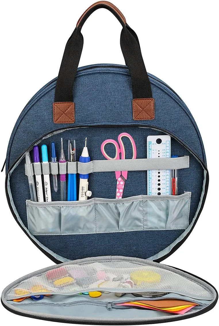 Shinyzone Cross Stitch Storage Bag Blue,Embroidery Projects Bag,Sewing Crafts Storage Tote Bag,Knitting Bags with Zipper Pockets Organiser for Embroidery Hoops,Charts and Threads