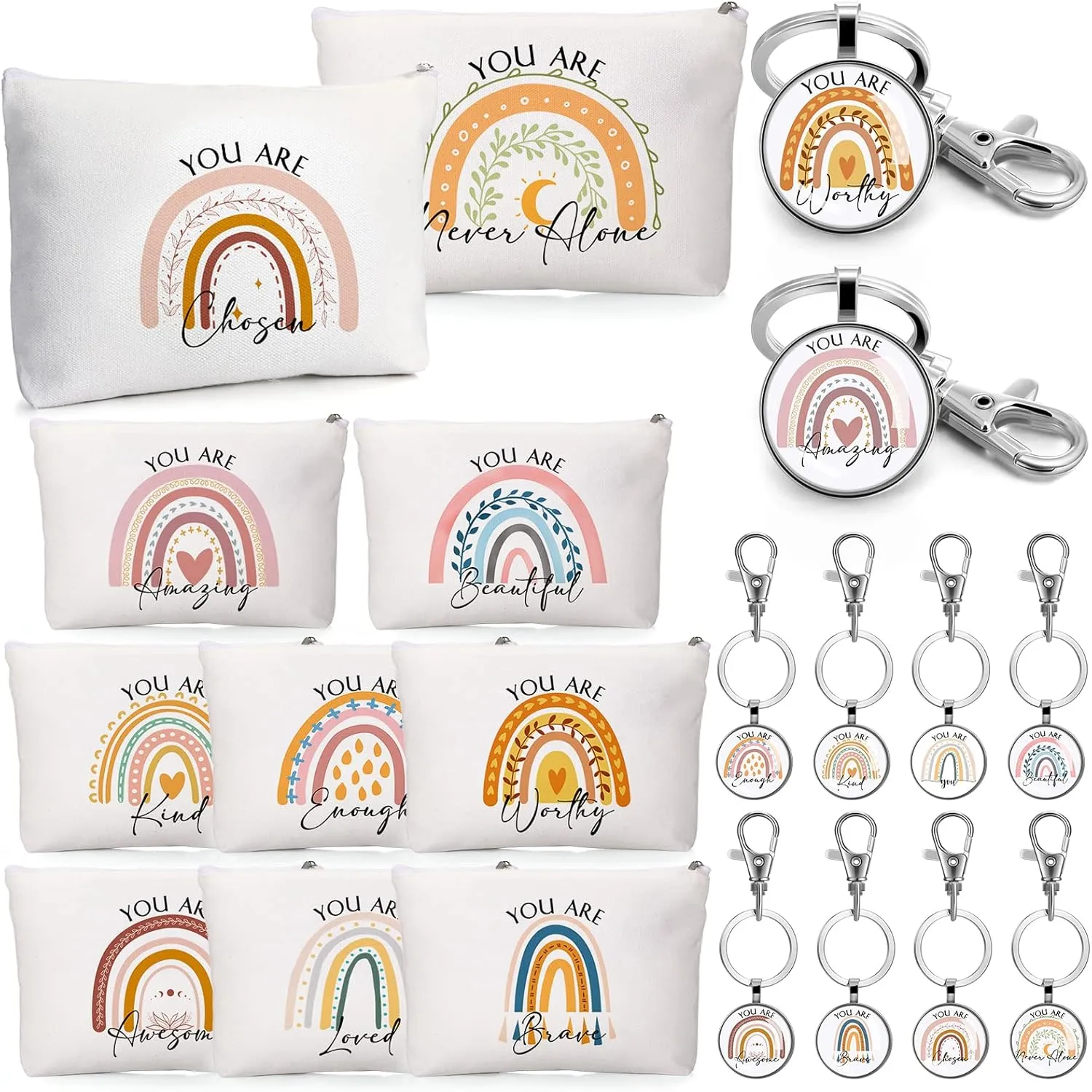 Sieral 20 Pcs Inspirational Gifts for Women Cosmetic Makeup Bags and Keychains Bulk with Inspirational Quotes Appreciation Gifts for Women Mom Nurse Teacher Graduation Employee(Rainbow)