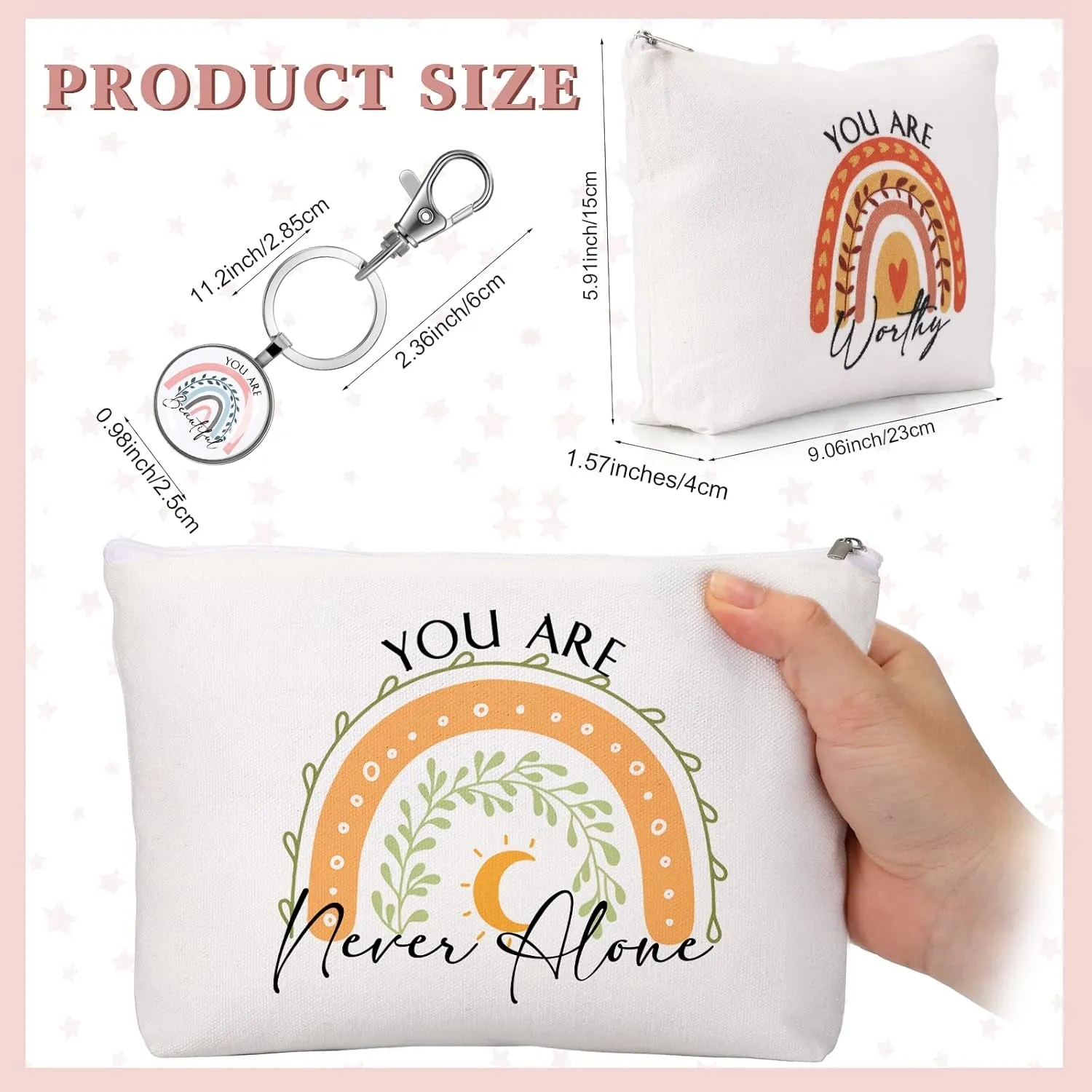Sieral 20 Pcs Inspirational Gifts for Women Cosmetic Makeup Bags and Keychains Bulk with Inspirational Quotes Appreciation Gifts for Women Mom Nurse Teacher Graduation Employee(Rainbow)