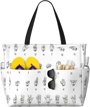 Sign Language Alphabet. Print Large Capacity Foldable Washable Zipper Beach Travel Tote Bag ShoppingBag