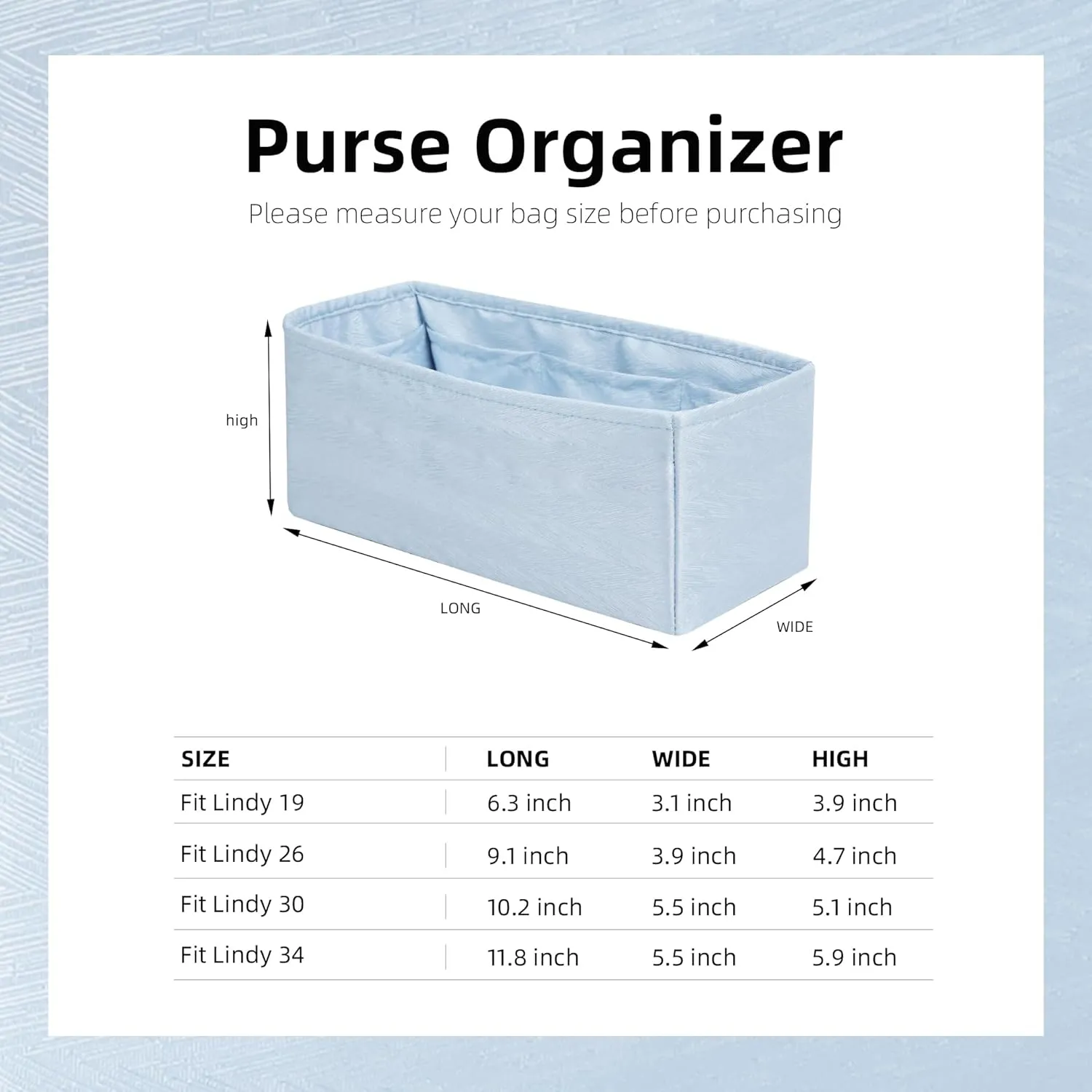 Silk Purse Organizer Insert Fits Lindy19/26/30/34 bags, Silky Soft Bag Shaper for Women Luxury Handbag Tote, Lightweight Inner Bag(LD19/Mini,Blue Pale)