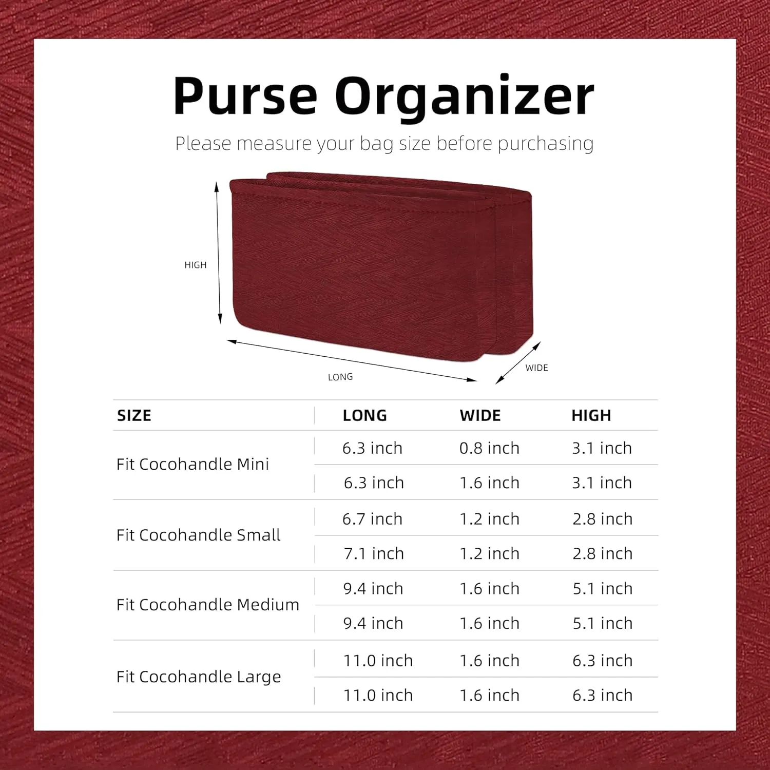 Silk Purse Organizer Insert for Chanel Cocohandle Mini/S/M/L, Lightweight Handbag Tote Organizer Liner,Soft Inner Bag(Small,Wine Red)