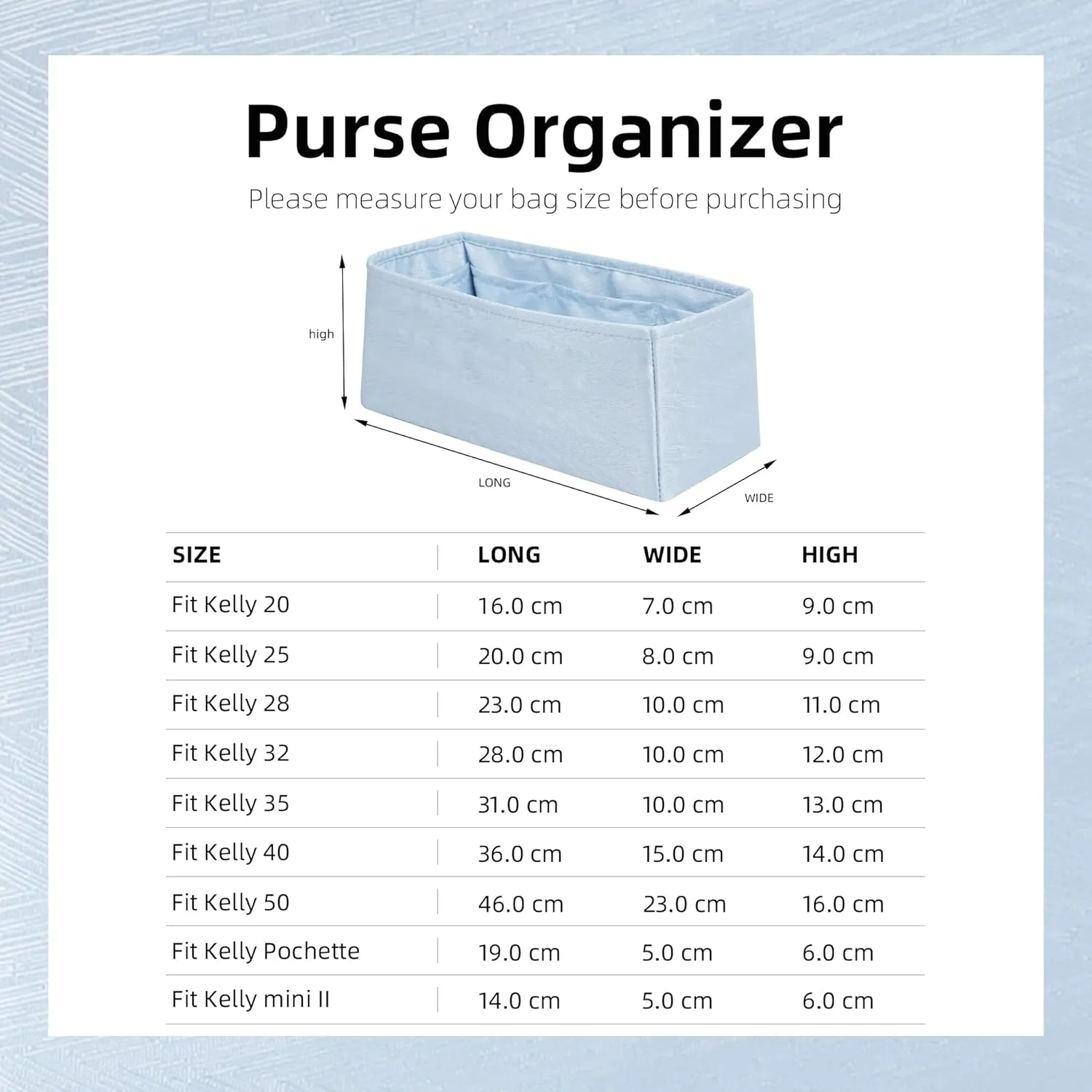 Silk Purse Organizer Insert for Kelly Bags, Lightweight Kelly Pochette Bag Insert Liner, Luxury Handbag Tote Shaper, Large Capacity Inner Bag (Kelly Pochette,Blue Pale)
