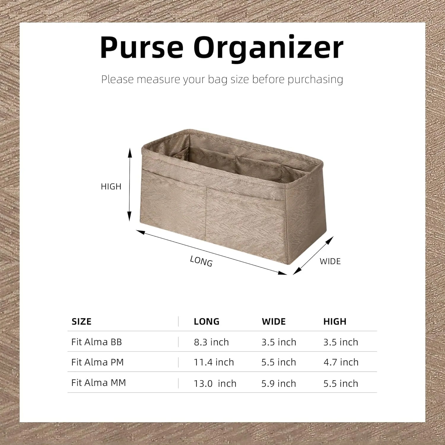 Silk Purse Organizer Insert,Silky Smooth Bag Organizer Liner,Handbag Tote Shaper fit LV Alma bb/PM/MM Bags(Alma bb,Grey Tea)