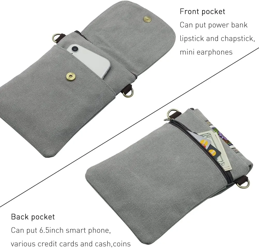 SILKAREA Vintage Embroidered Canvas Flip Small Crossbody Bag Cell Phone Pouch for Women Wristlet Wallet Bag Coin Purse