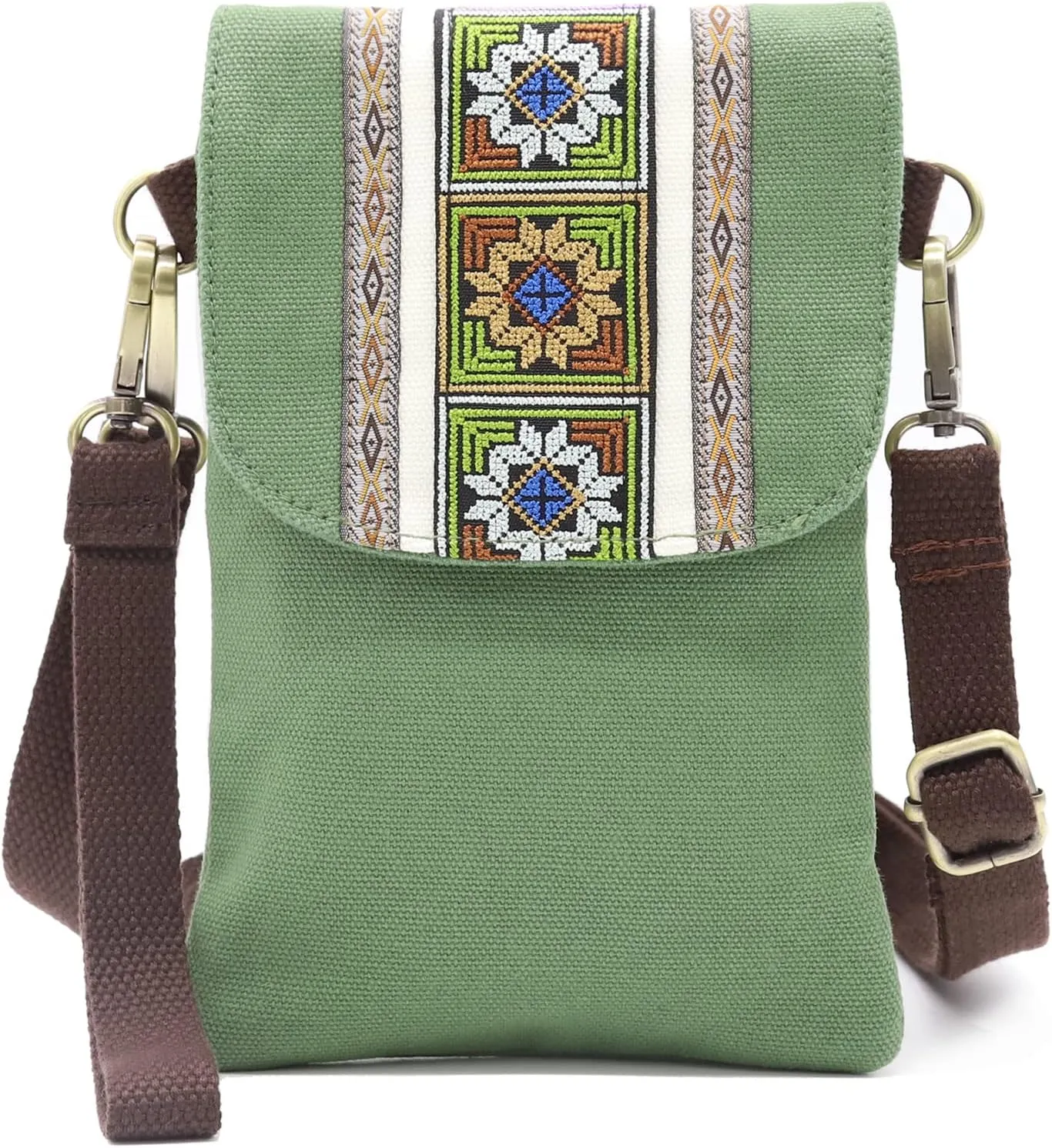 SILKAREA Vintage Embroidered Canvas Flip Small Crossbody Bag Cell Phone Pouch for Women Wristlet Wallet Bag Coin Purse