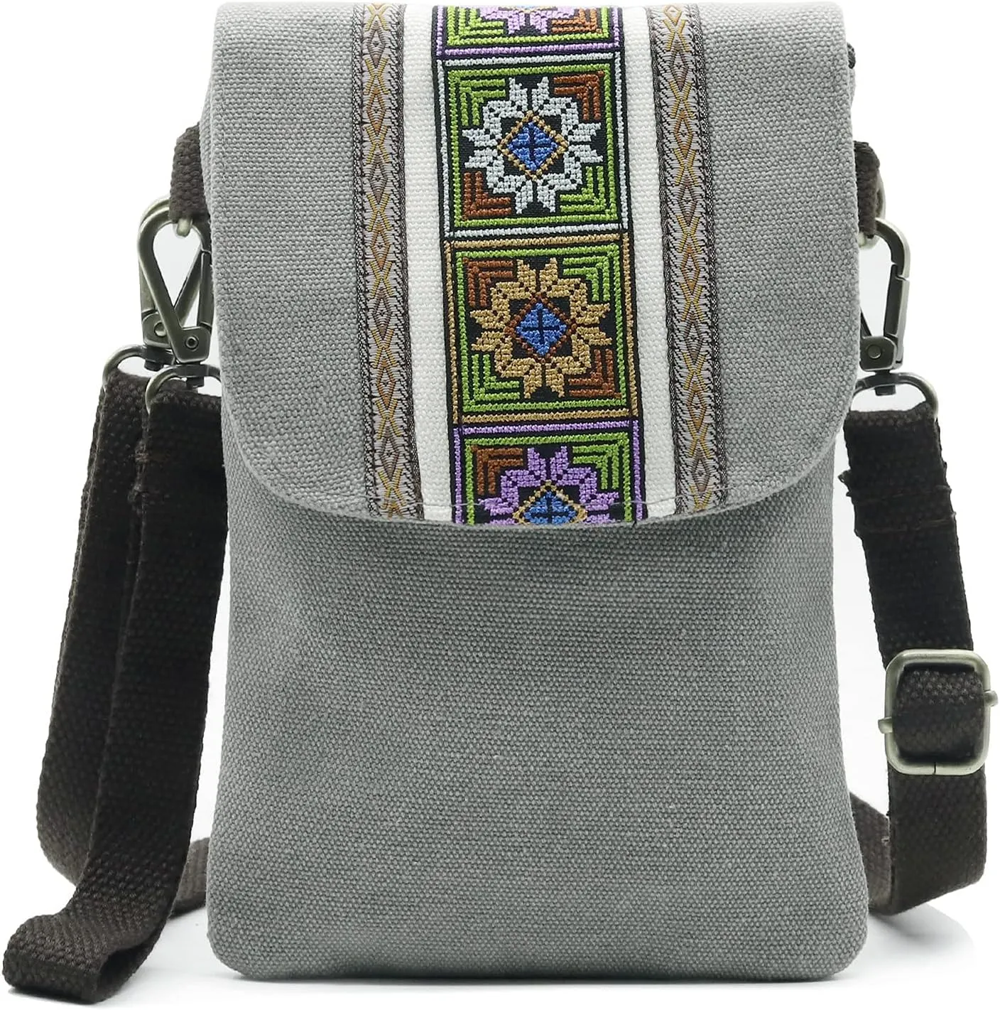 SILKAREA Vintage Embroidered Canvas Flip Small Crossbody Bag Cell Phone Pouch for Women Wristlet Wallet Bag Coin Purse