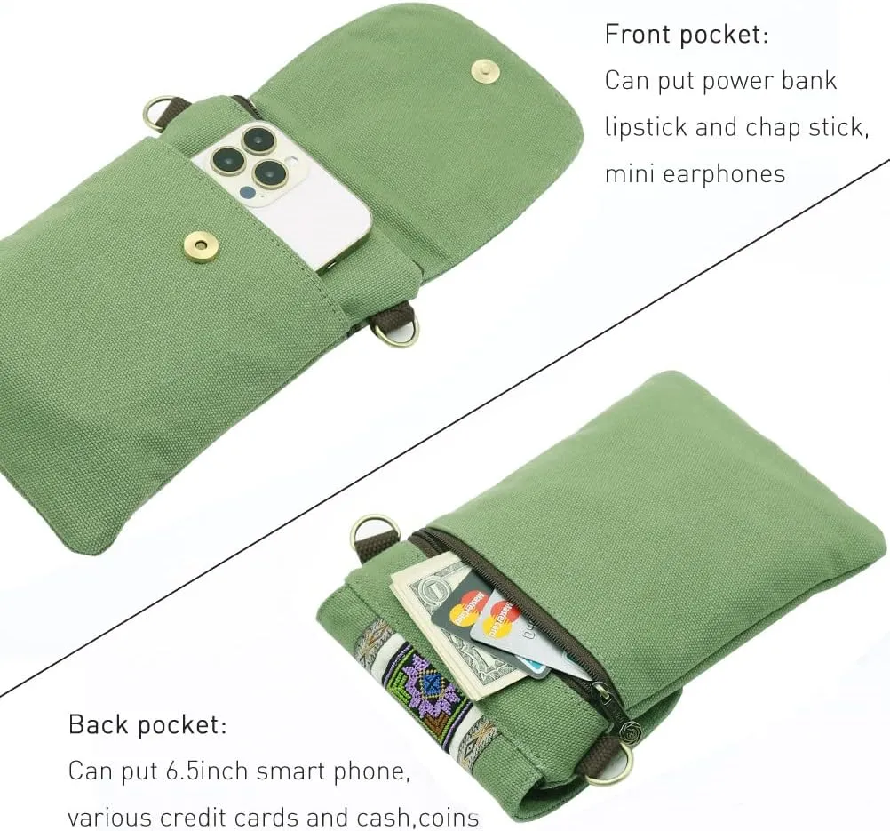 SILKAREA Vintage Embroidered Canvas Flip Small Crossbody Bag Cell Phone Pouch for Women Wristlet Wallet Bag Coin Purse