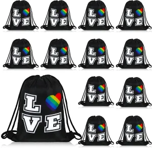 Silkfly 12 Pcs LGBT Rainbow Drawstring Bags Love Heart Pride Gym Sack Waterproof Rucksack Shoulder Gift Bags for Pride Month Gay Lesbian LGBTQ Gift Accessories for Men Women