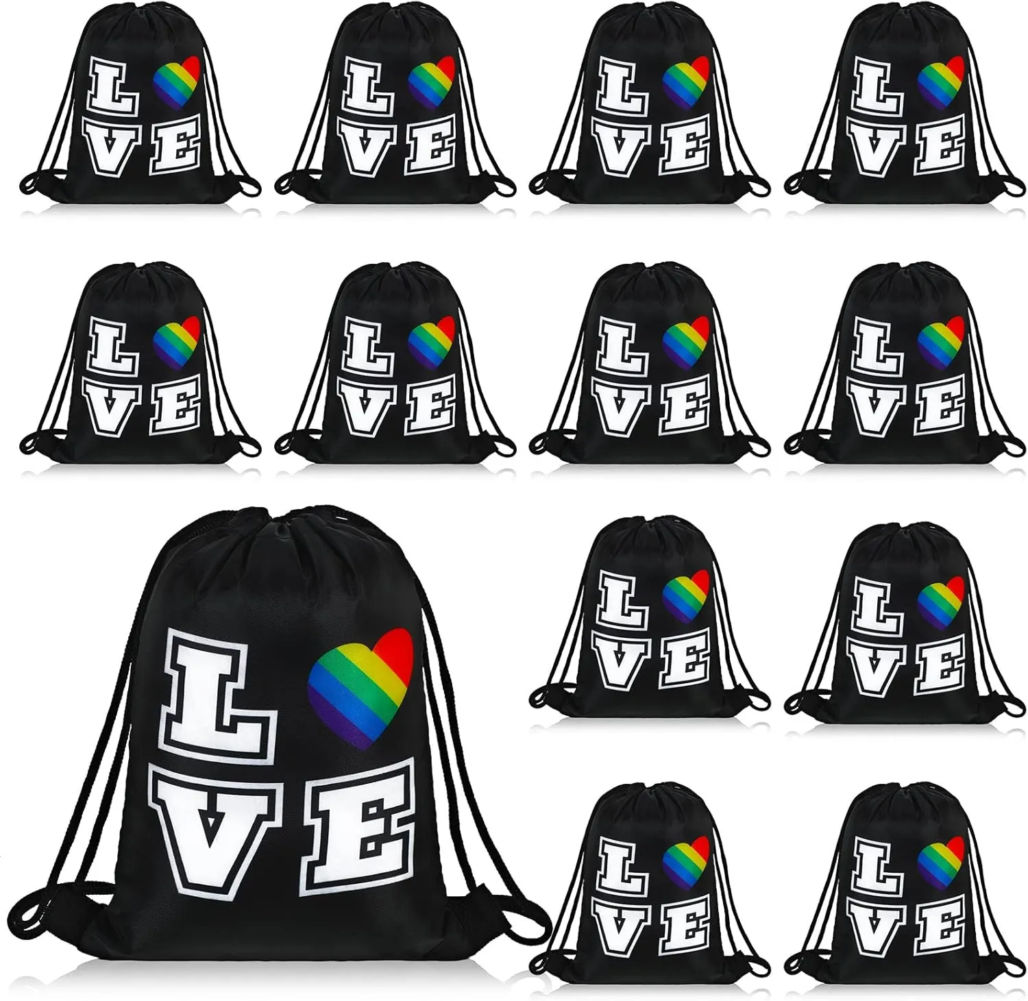 Silkfly 12 Pcs LGBT Rainbow Drawstring Bags Love Heart Pride Gym Sack Waterproof Rucksack Shoulder Gift Bags for Pride Month Gay Lesbian LGBTQ Gift Accessories for Men Women