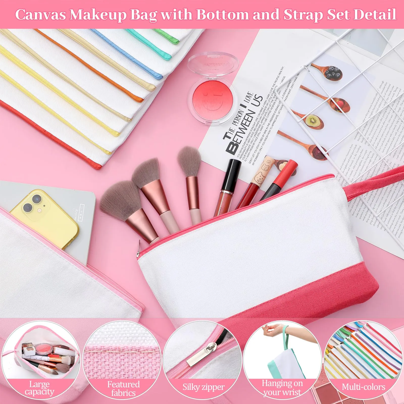 Silkfly 15 Pcs Cotton Canvas Makeup Bags Canvas Cosmetic Bag 10.2 x 5.5 x 2 Inches Two Tone Makeup Bags Bulk with Zipper Blank DIY Pouch with Bottom Travel Toiletry Pouch for Women (Cute)