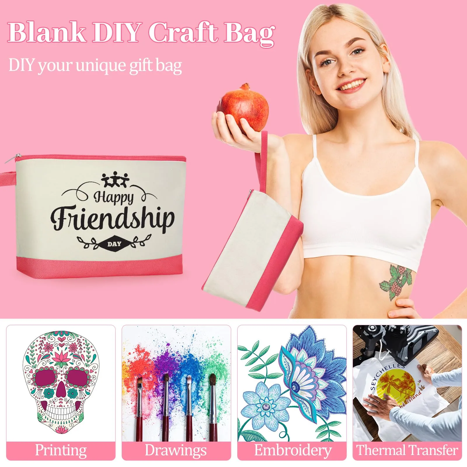 Silkfly 15 Pcs Cotton Canvas Makeup Bags Canvas Cosmetic Bag 10.2 x 5.5 x 2 Inches Two Tone Makeup Bags Bulk with Zipper Blank DIY Pouch with Bottom Travel Toiletry Pouch for Women (Cute)