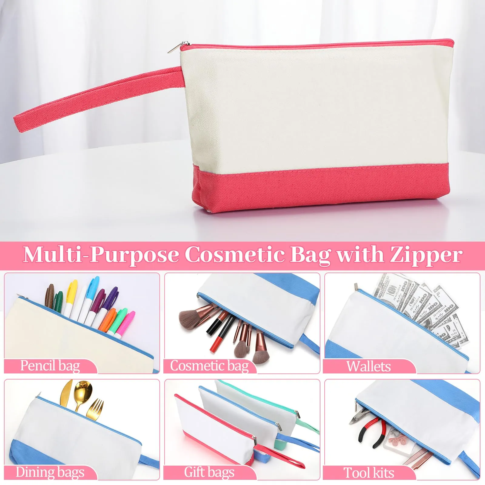 Silkfly 15 Pcs Cotton Canvas Makeup Bags Canvas Cosmetic Bag 10.2 x 5.5 x 2 Inches Two Tone Makeup Bags Bulk with Zipper Blank DIY Pouch with Bottom Travel Toiletry Pouch for Women (Cute)
