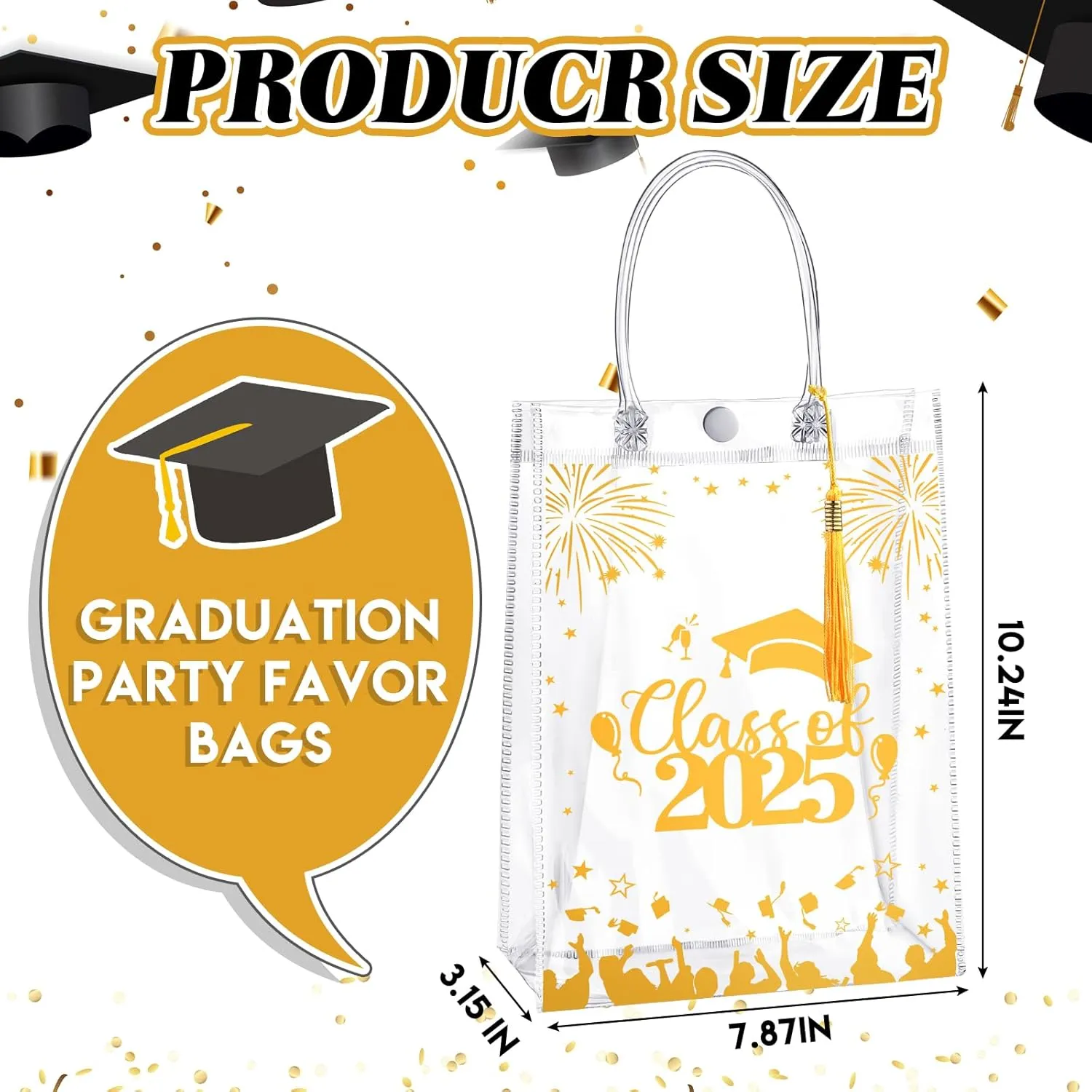 SilTriangle 24 Set Class of 2025 Graduation Gift Bags Clear Graduation Party Favors Gift Bags with Handles Tassel Reusable Large PVC Transparent Bags 7.87'' x 10.24'' x 3.15''(Gold)