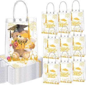 SilTriangle 24 Set Class of 2025 Graduation Gift Bags Clear Graduation Party Favors Gift Bags with Handles Tassel Reusable Large PVC Transparent Bags 7.87'' x 10.24'' x 3.15''(Gold)
