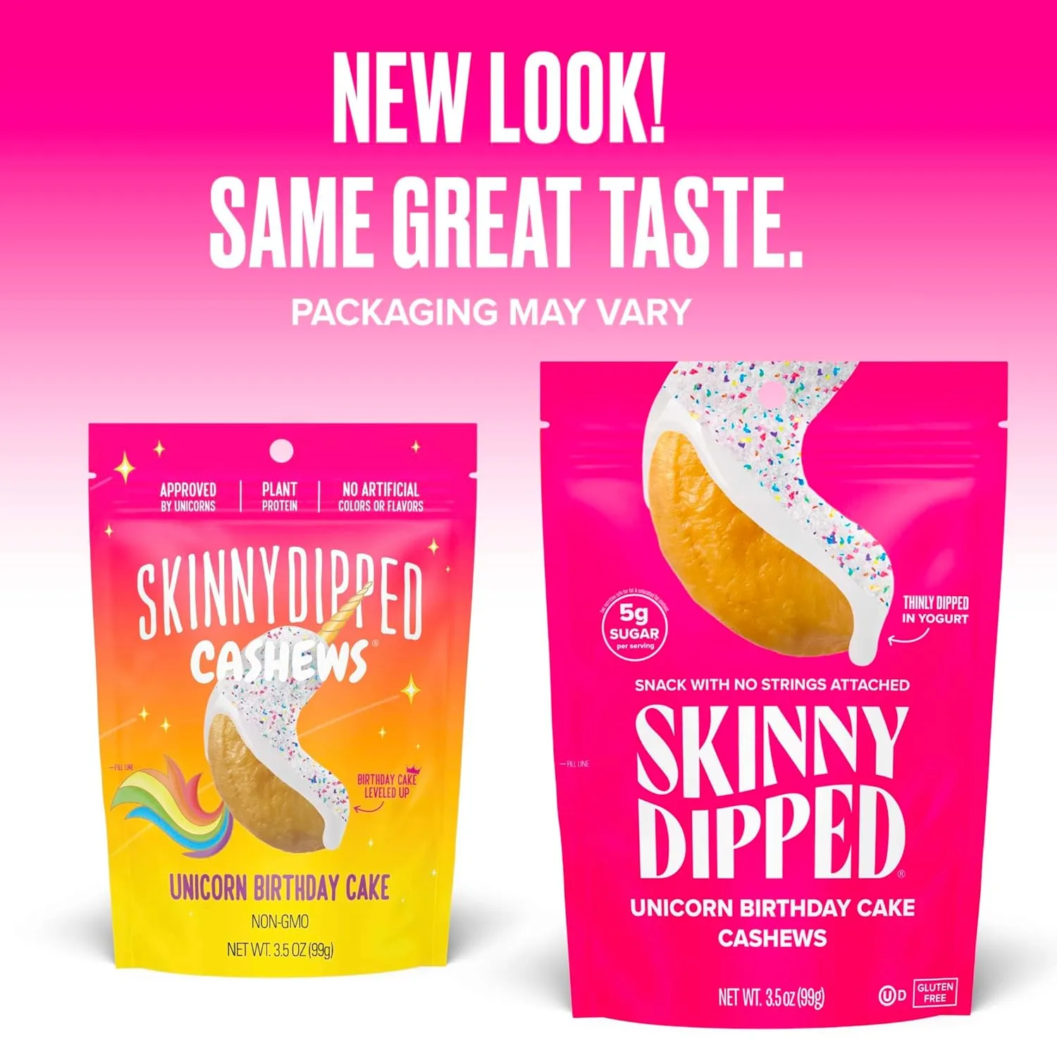 SkinnyDipped Unicorn Birthday Cake Cashews, Healthy Snack, Plant Protein, Gluten Free, 3.5 oz Resealable Bags, Pack of 5