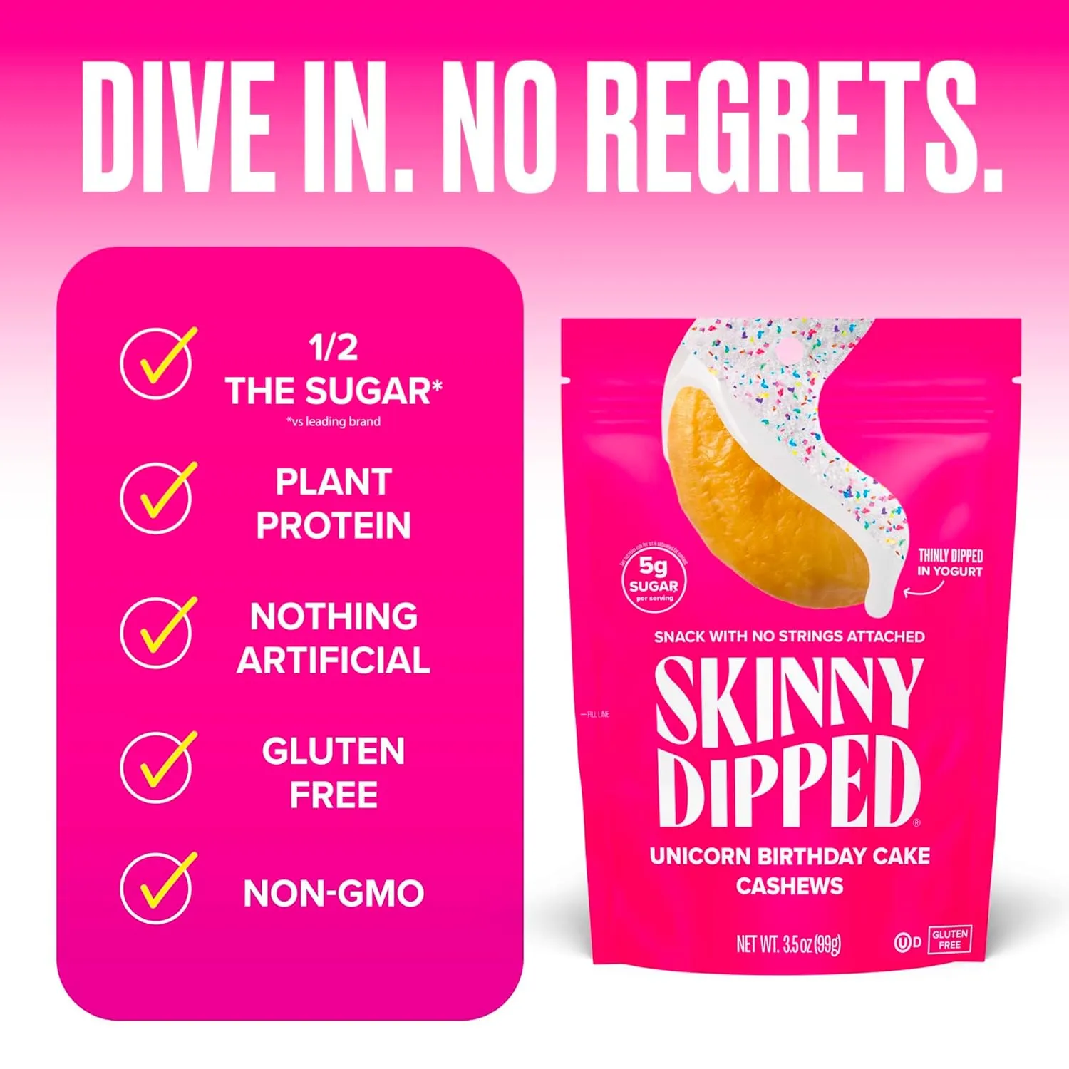 SkinnyDipped Unicorn Birthday Cake Cashews, Healthy Snack, Plant Protein, Gluten Free, 3.5 oz Resealable Bags, Pack of 5