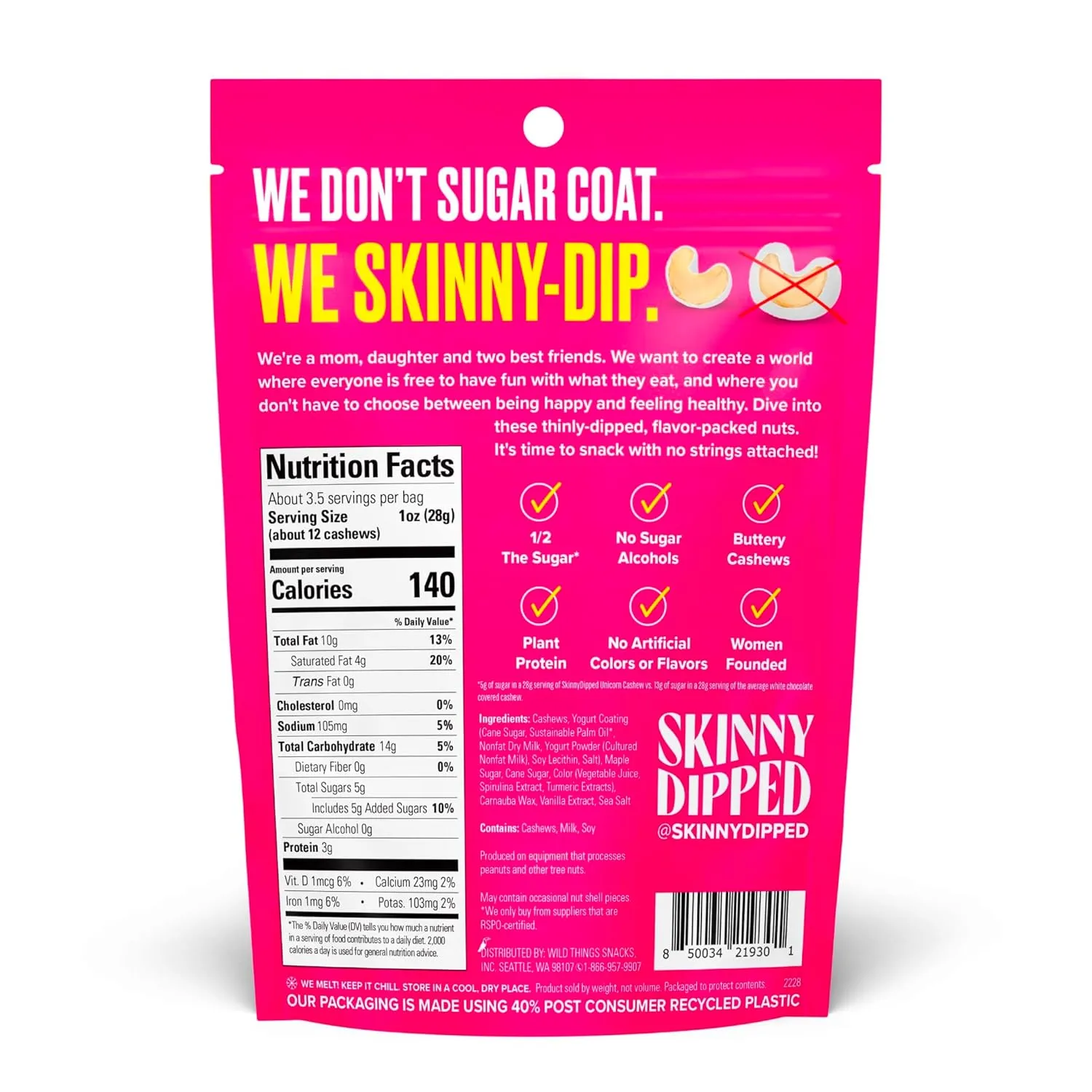 SkinnyDipped Unicorn Birthday Cake Cashews, Healthy Snack, Plant Protein, Gluten Free, 3.5 oz Resealable Bags, Pack of 5