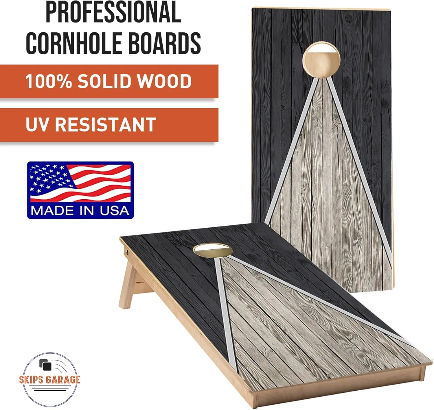 Skip's Garage Solid Wood Cornhole Board Set | Country Living Arrow Planks Design | ACA Regulation Size Outdoor Corn Hole Boards with Bags