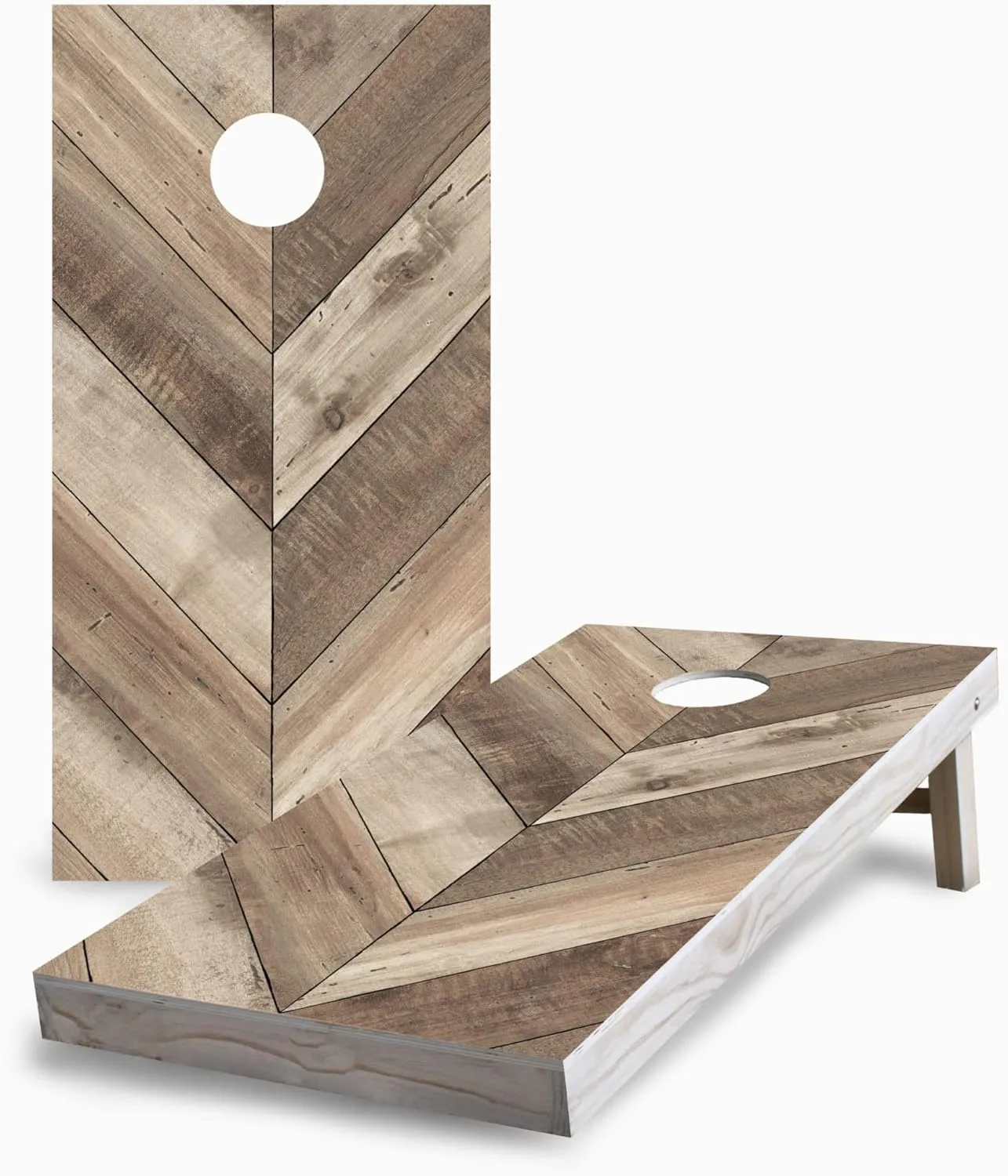 Skip's Garage Solid Wood Cornhole Board Set | Diagonal Wood Plank Design | Regulation Size Outdoor Corn Hole Game Boards with Bags