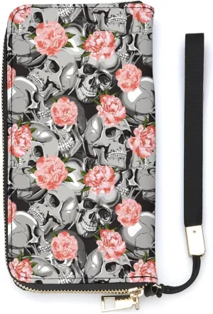 Skull In Flowers Pattern Women's Leather Long Large Capacity Wallet Clutch Wallet with Hand Strap