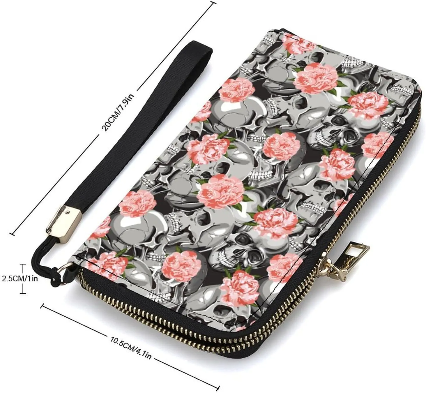 Skull In Flowers Pattern Women's Leather Long Large Capacity Wallet Clutch Wallet with Hand Strap