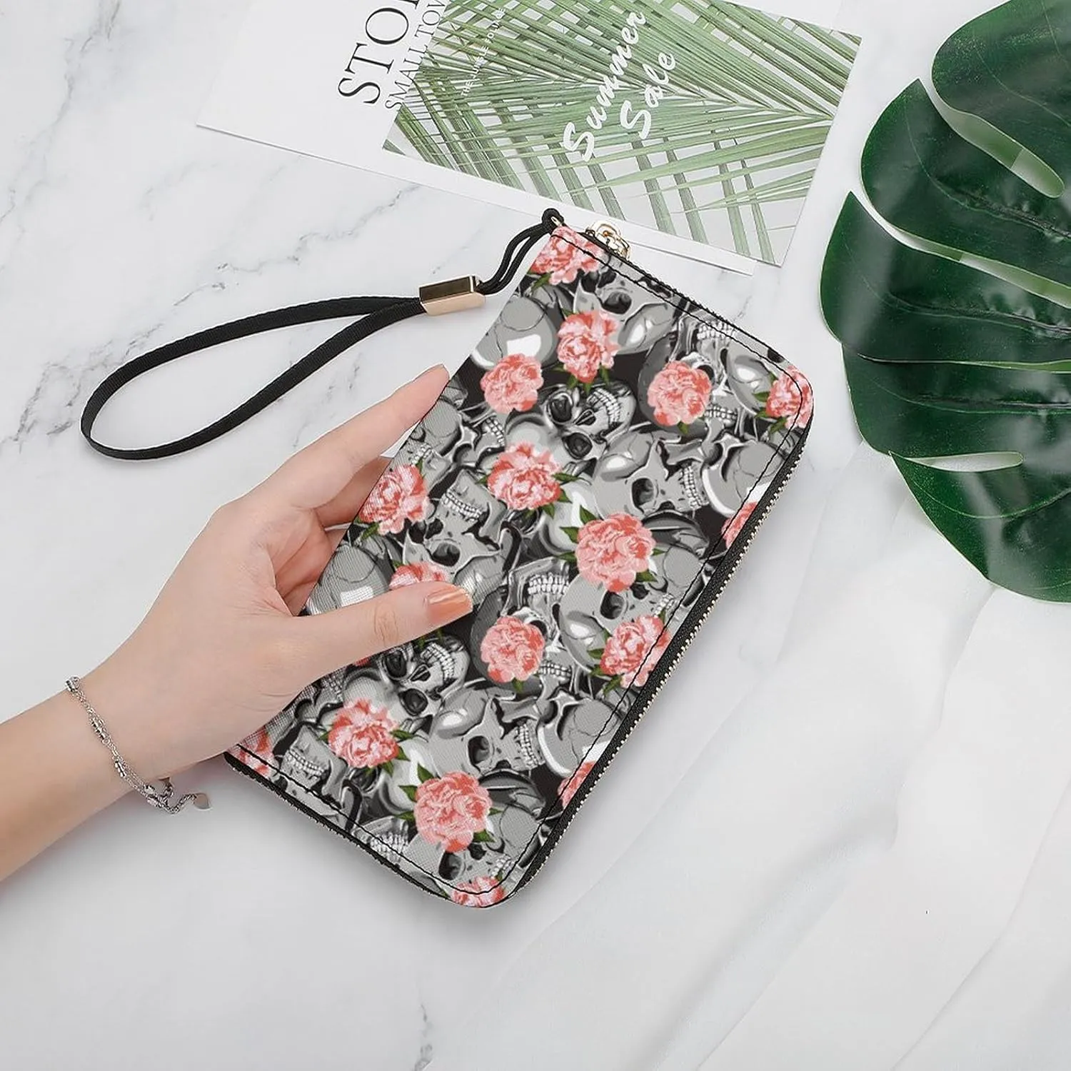 Skull In Flowers Pattern Women's Leather Long Large Capacity Wallet Clutch Wallet with Hand Strap
