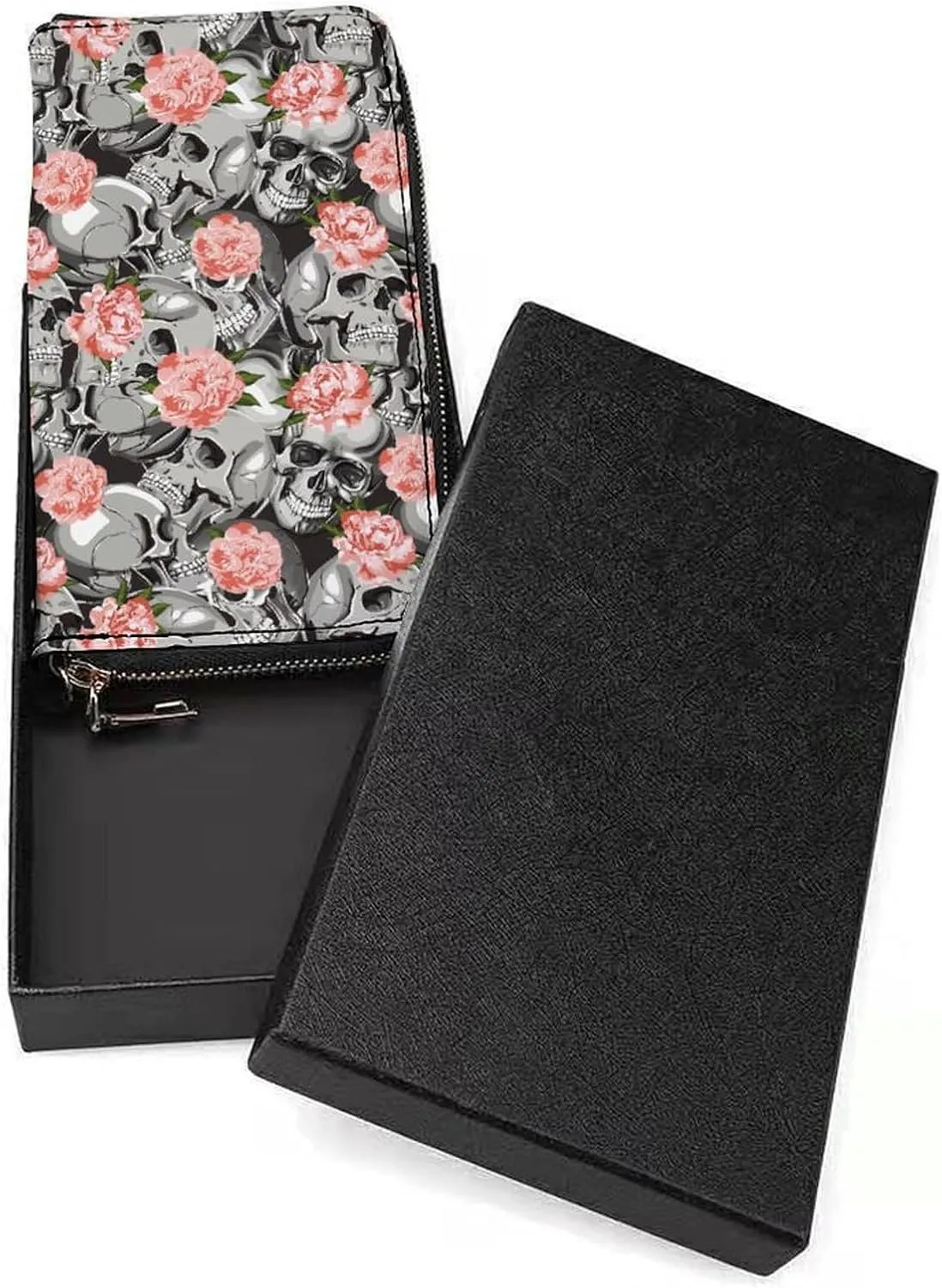 Skull In Flowers Pattern Women's Leather Long Large Capacity Wallet Clutch Wallet with Hand Strap
