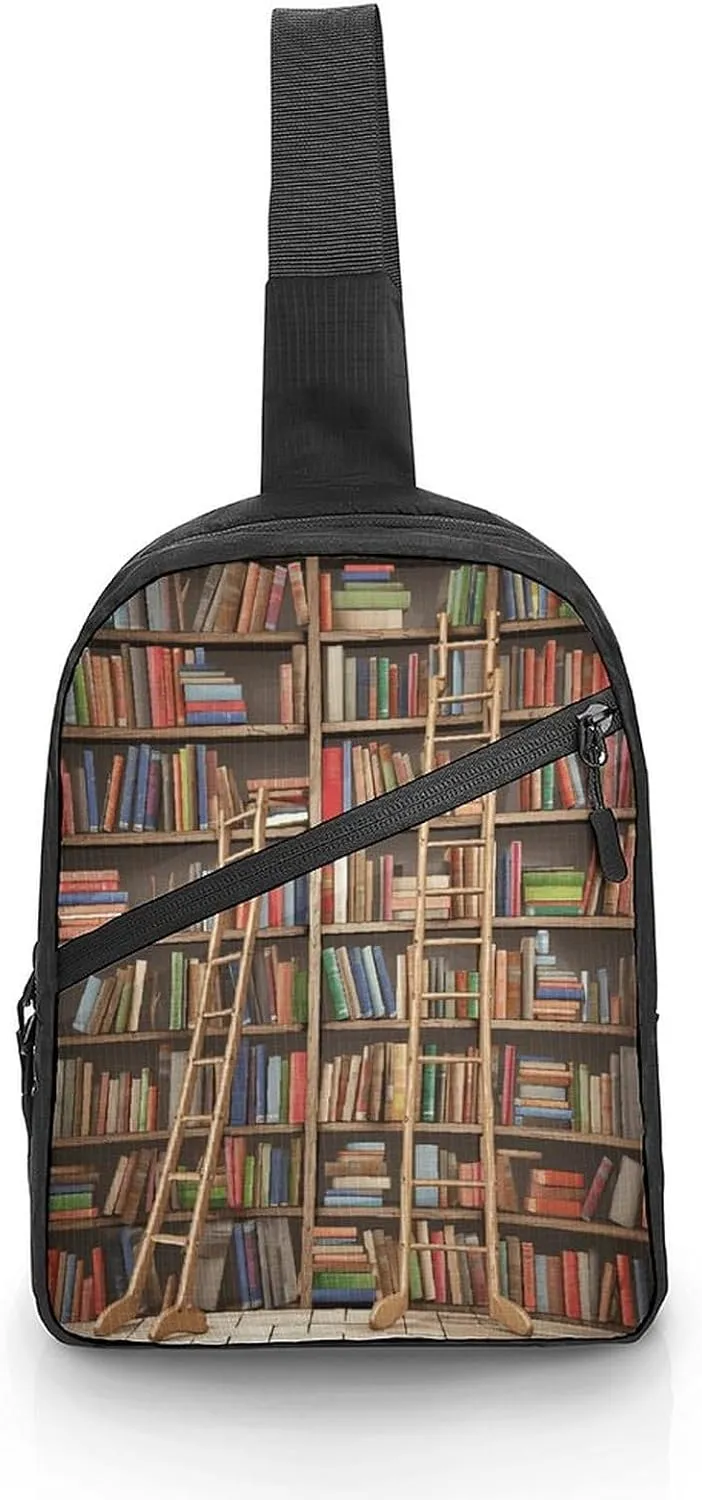 Sling Bag Crossbody Backpack,Book Shelves And Ladder Print Chest Bag,Crossbody Bags Fanny Pack Chest Bag