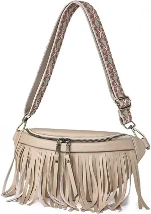 Sling Crossbody Bag for Women Vintage Hobo Bag Leather Chest Bag Fringe Shoulder Handbag Fanny Pack with Guitar Strap
