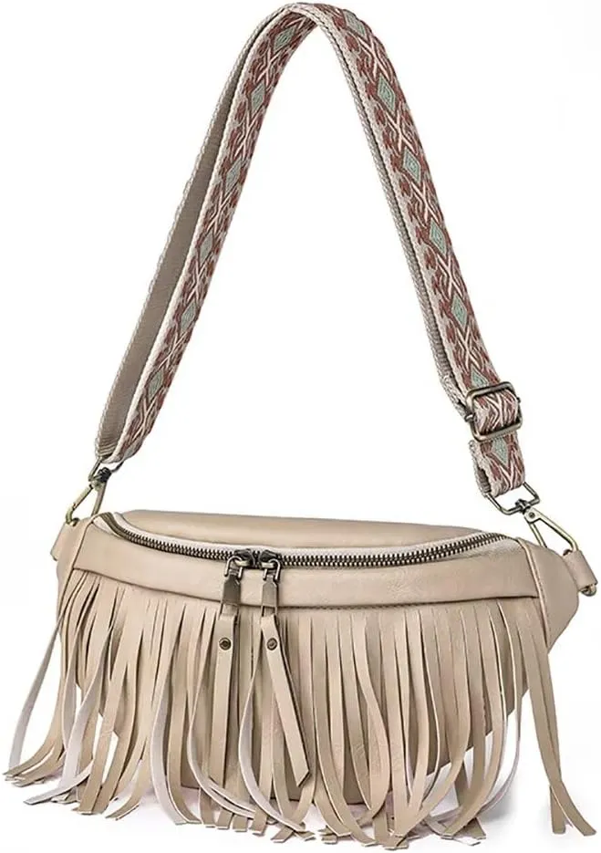 Sling Crossbody Bag for Women Vintage Hobo Bag Leather Chest Bag Fringe Shoulder Handbag Fanny Pack with Guitar Strap