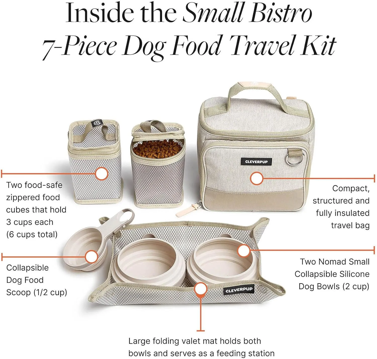 Small 7-Piece Bistro Box Dog Food Travel Kit, 6-Cup Kibble Storage, 2 Silicone Bowls, Mat & Scoop - Premium Portable Pet Food Kit for Weekends, Overnights, Daycare & Camping, Sand