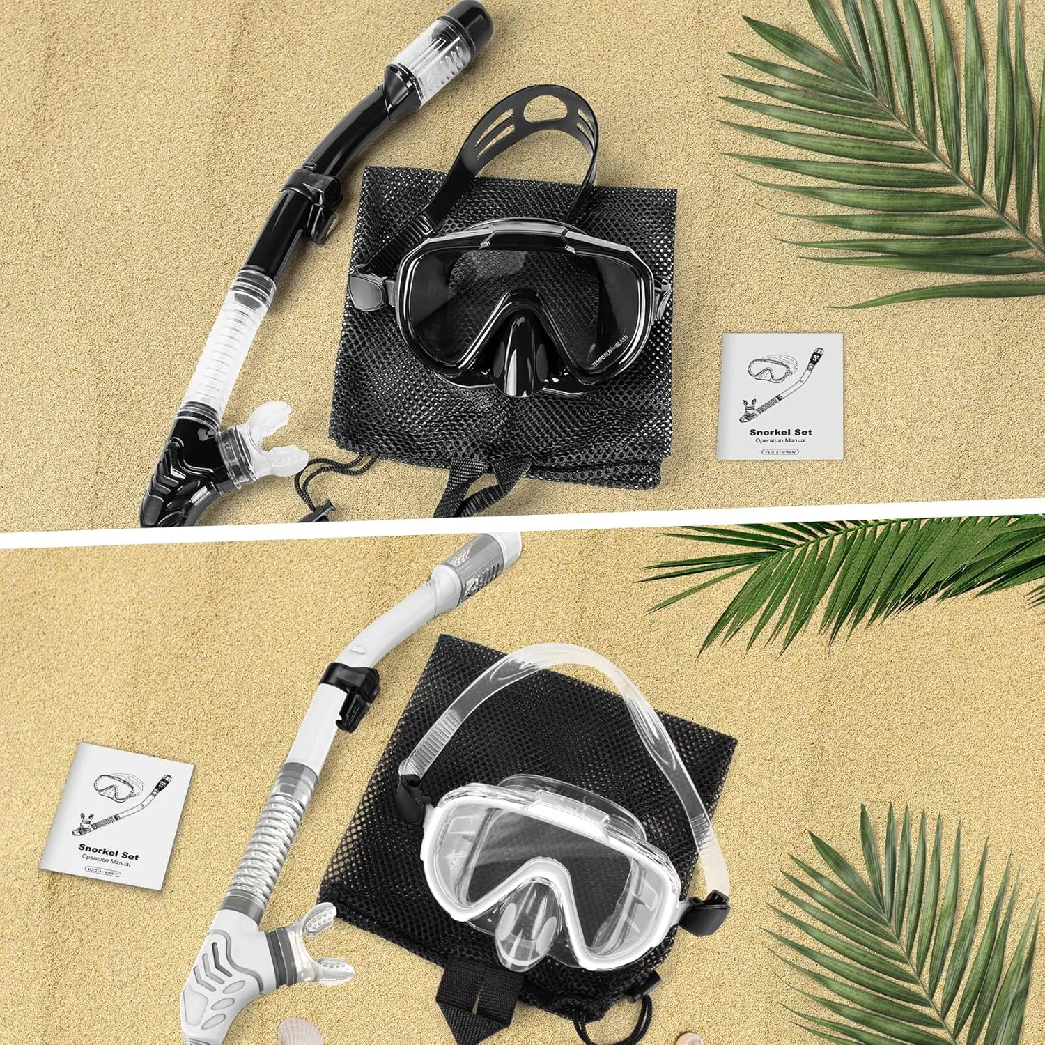 Snorkeling Gear for Adults, Dry Top Snorkel Set with Panoramic Anti-Leak and Anti-Fog Tempered Glass Lens, Adjustable Snorkeling Set for Scuba Diving Swimming Training Snorkel Kit