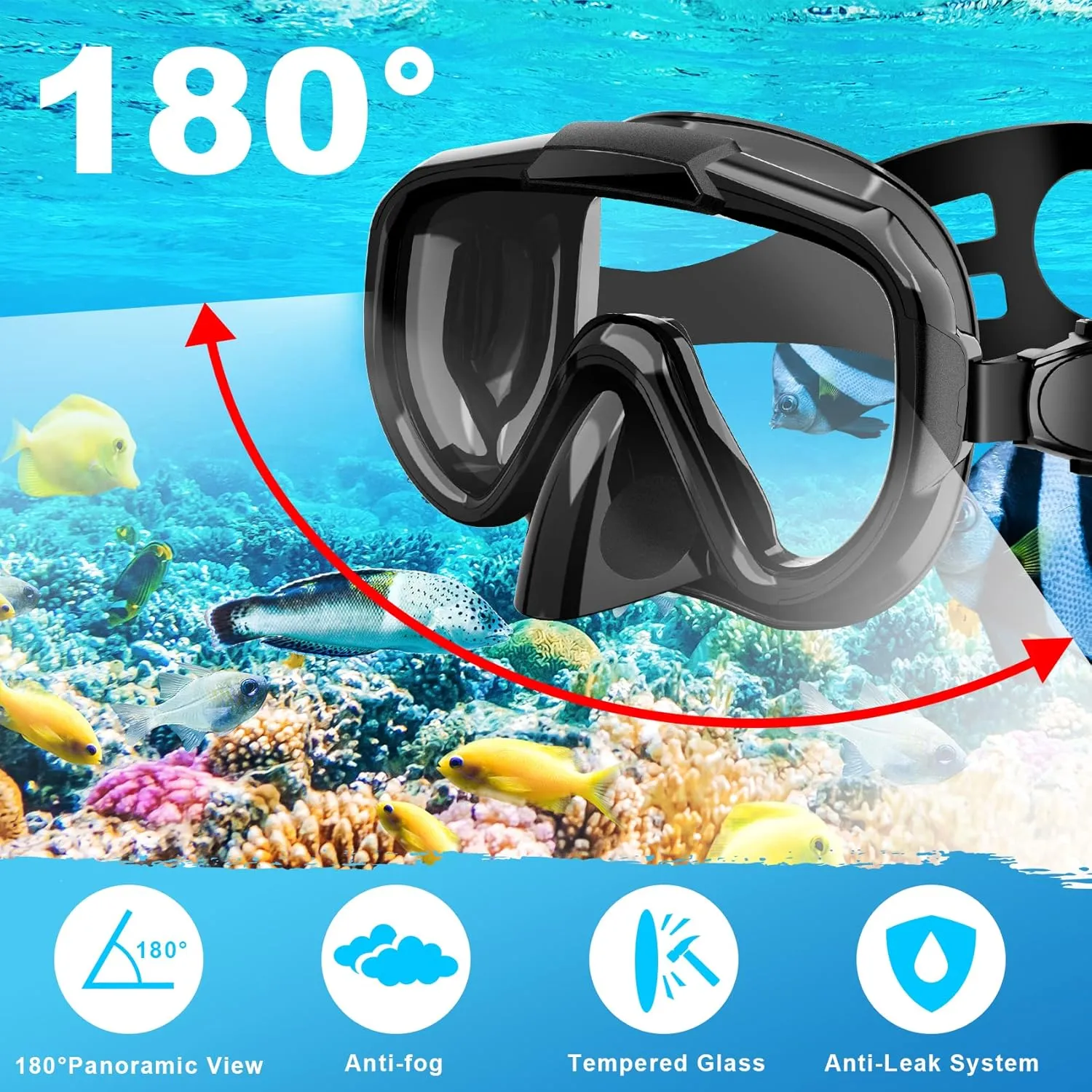 Snorkeling Gear for Adults, Dry Top Snorkel Set with Panoramic Anti-Leak and Anti-Fog Tempered Glass Lens, Adjustable Snorkeling Set for Scuba Diving Swimming Training Snorkel Kit