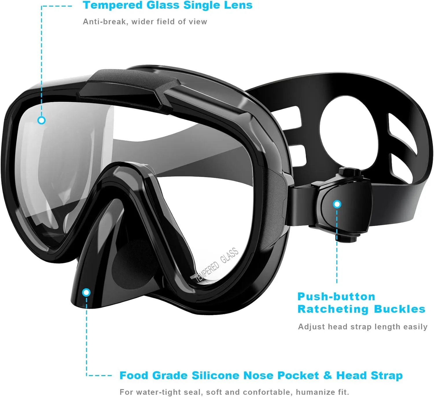 Snorkeling Gear for Adults, Dry Top Snorkel Set with Panoramic Anti-Leak and Anti-Fog Tempered Glass Lens, Adjustable Snorkeling Set for Scuba Diving Swimming Training Snorkel Kit