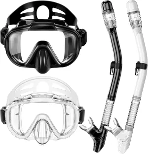 Snorkeling Gear for Adults, Dry Top Snorkel Set with Panoramic Anti-Leak and Anti-Fog Tempered Glass Lens, Adjustable Snorkeling Set for Scuba Diving Swimming Training Snorkel Kit