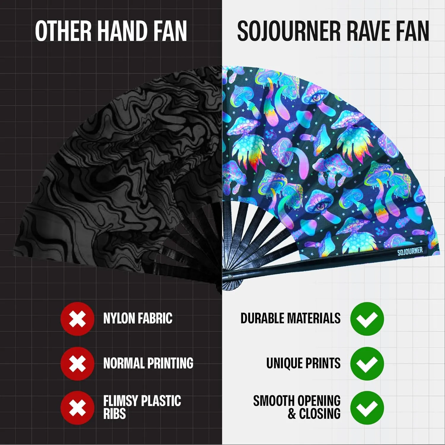 SoJourner Bags Rave Fan - Large Folding Fan - Clack Fan Hand Fan for Raves, Halloween, Burlesque, Rainbow Outfits for Women & Festival Accessories